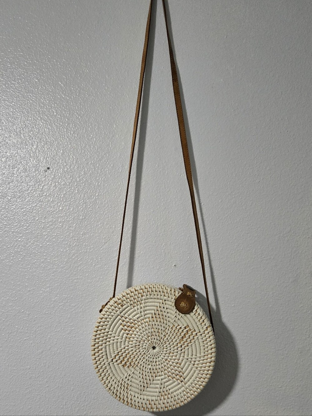 Round Woven Straw Crossbody Bag with Brown Leather Strap